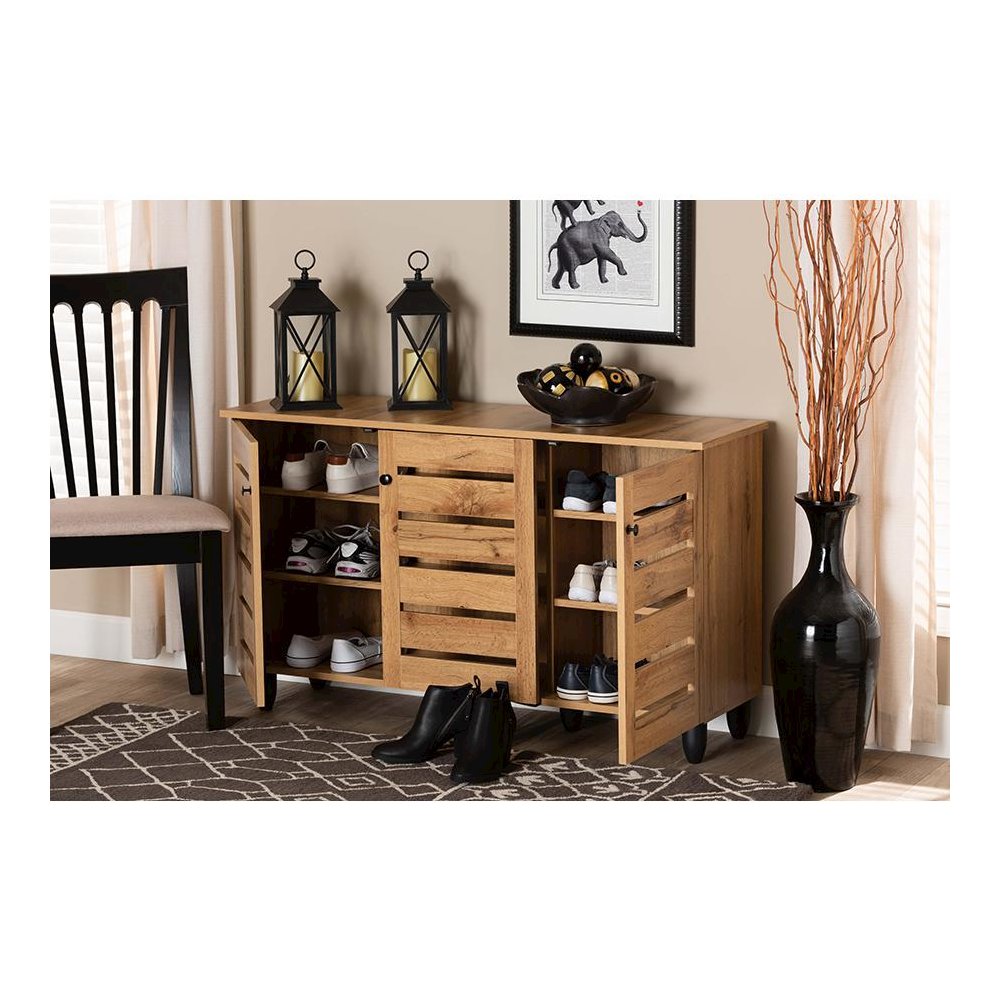 Oak Brown Finished Wood 3-Door Shoe Storage Cabinet