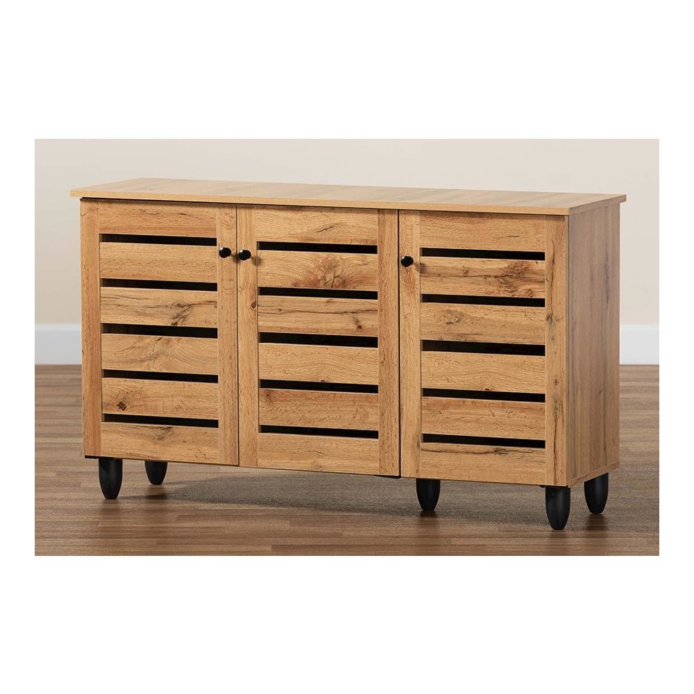 Oak Brown Finished Wood 3-Door Shoe Storage Cabinet