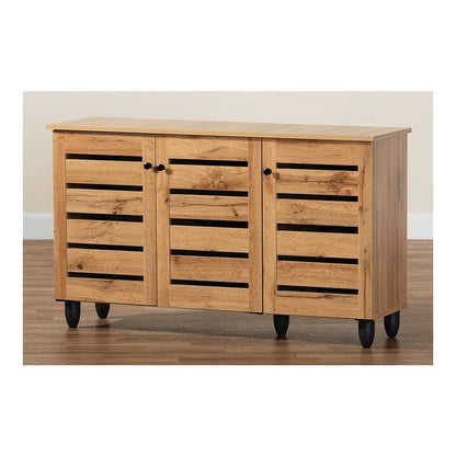 Oak Brown Finished Wood 3-Door Shoe Storage Cabinet