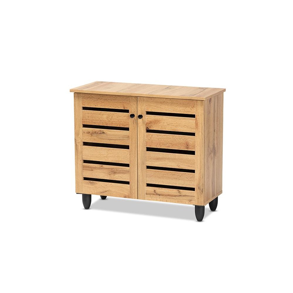 Oak Brown Finished Wood 2-Door Shoe Storage Cabinet
