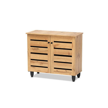 Oak Brown Finished Wood 2-Door Shoe Storage Cabinet