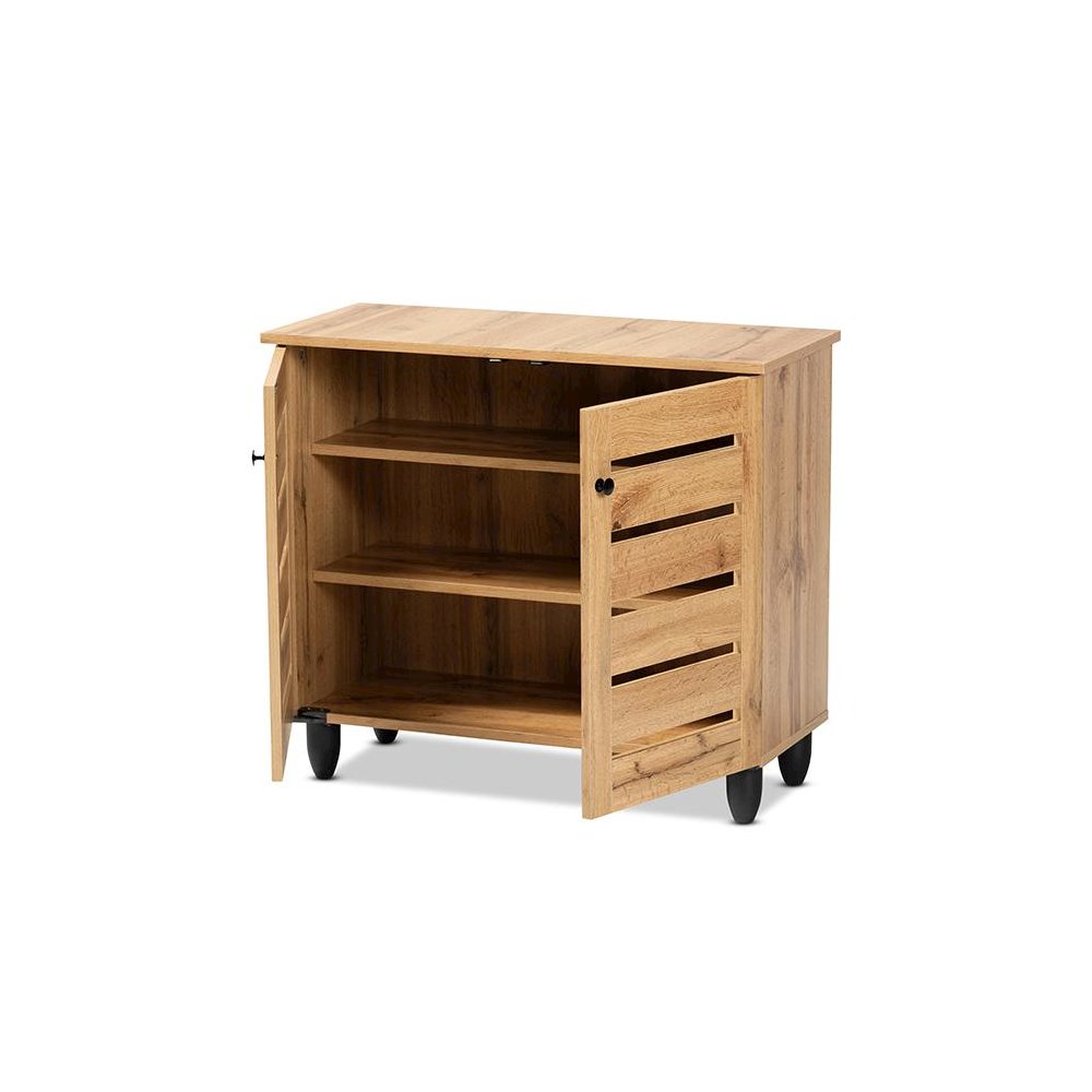 Oak Brown Finished Wood 2-Door Shoe Storage Cabinet