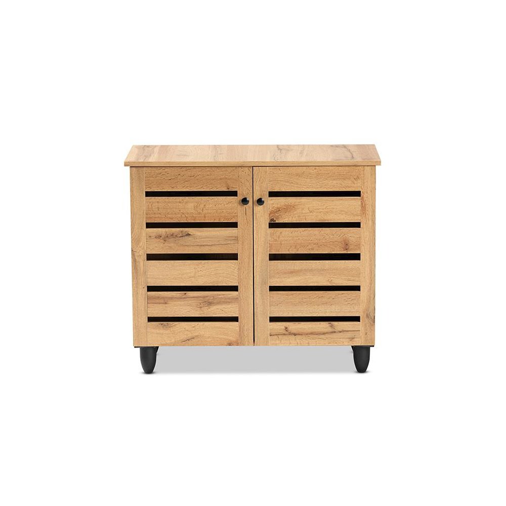 Oak Brown Finished Wood 2-Door Shoe Storage Cabinet