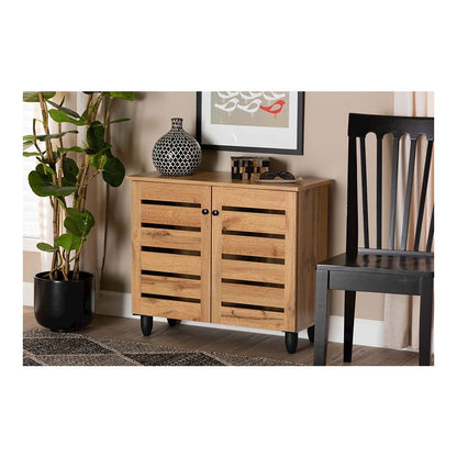 Oak Brown Finished Wood 2-Door Shoe Storage Cabinet