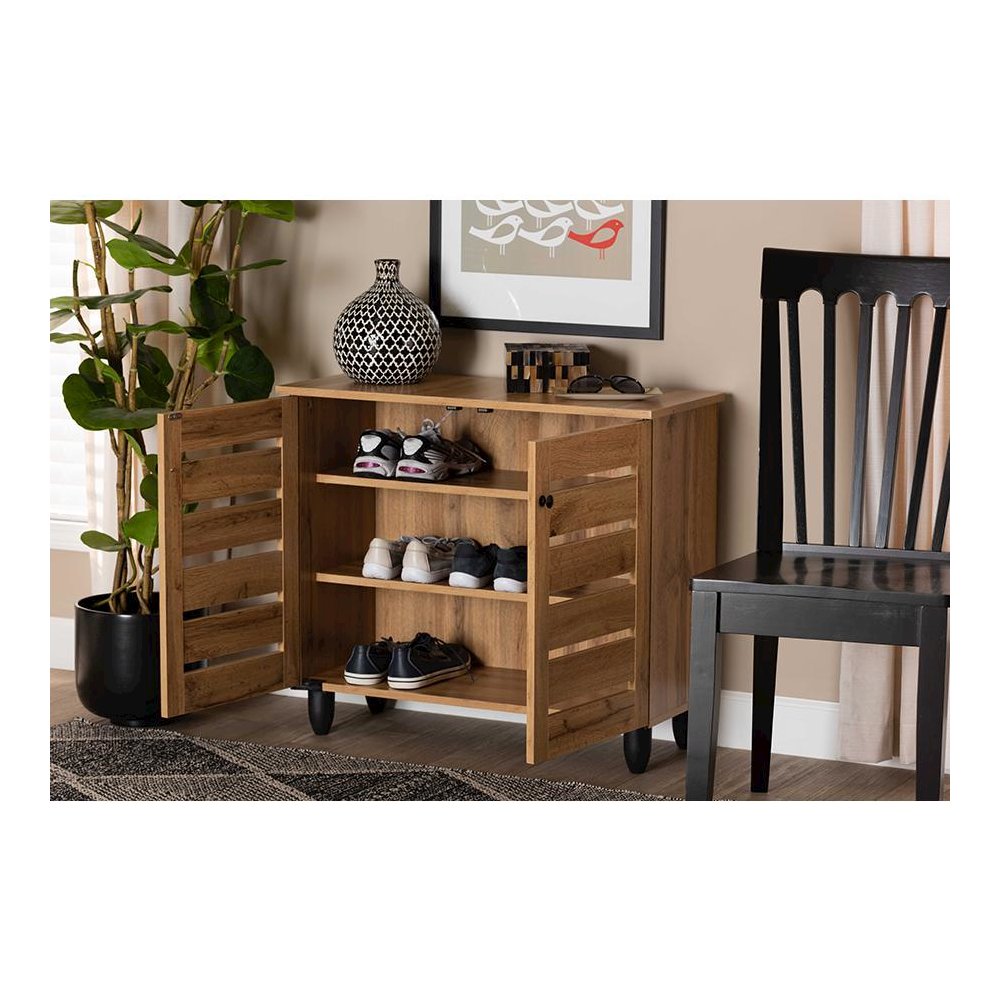 Oak Brown Finished Wood 2-Door Shoe Storage Cabinet