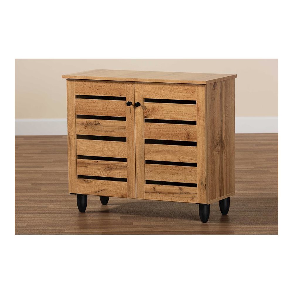 Oak Brown Finished Wood 2-Door Shoe Storage Cabinet