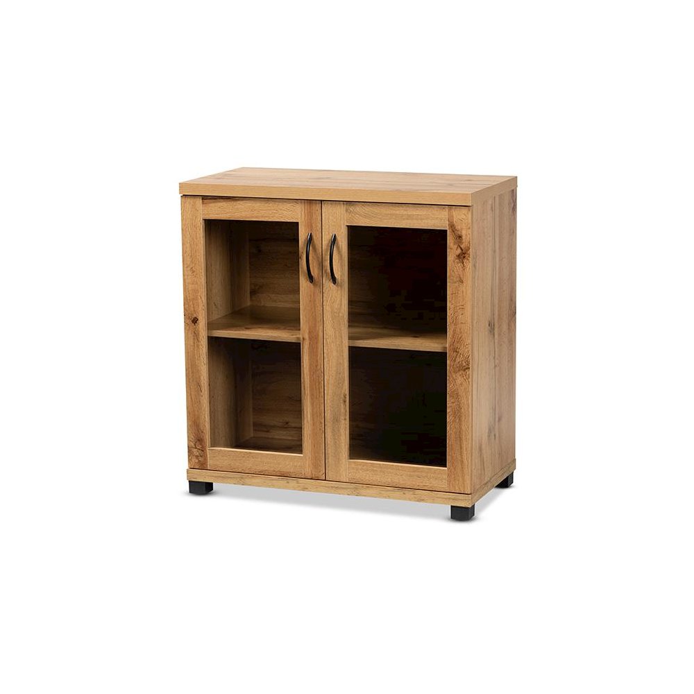 Oak Brown Finished Wood 2-Door Storage Cabinet with Glass Doors