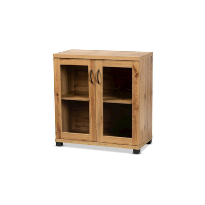 Oak Brown Finished Wood 2-Door Storage Cabinet with Glass Doors