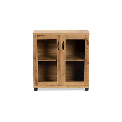 Oak Brown Finished Wood 2-Door Storage Cabinet with Glass Doors
