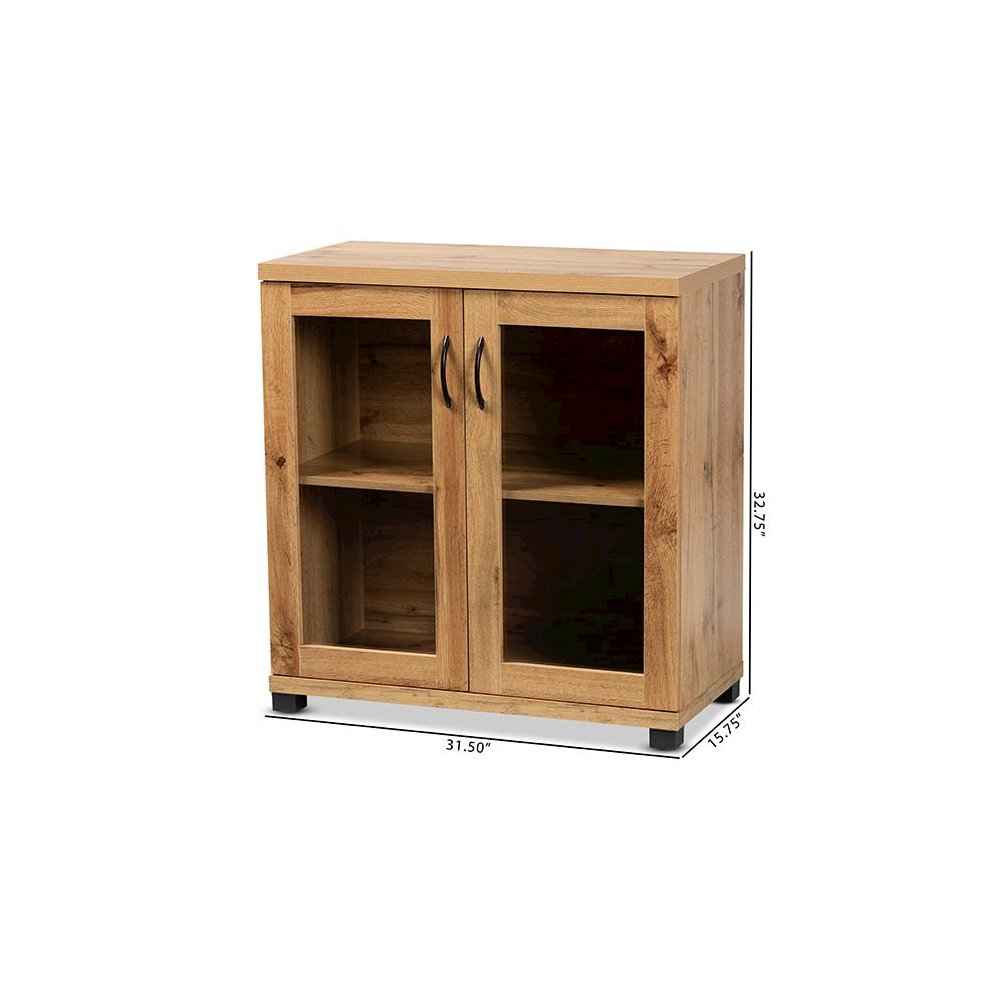 Oak Brown Finished Wood 2-Door Storage Cabinet with Glass Doors