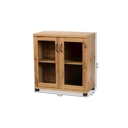 Oak Brown Finished Wood 2-Door Storage Cabinet with Glass Doors