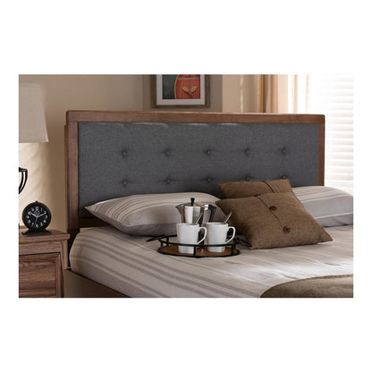 Dark Grey Fabric Upholstered Walnut Brown Finished Wood King Size Headboard