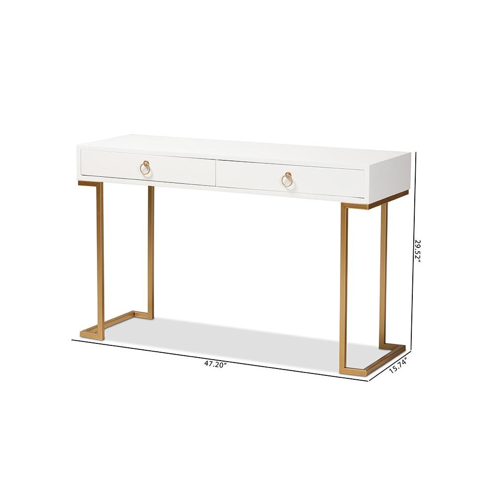 White Finished Wood and Gold Metal 2-Drawer Console Table