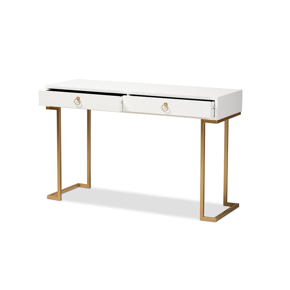 White Finished Wood and Gold Metal 2-Drawer Console Table