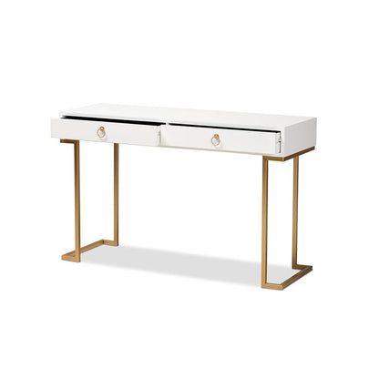 White Finished Wood and Gold Metal 2-Drawer Console Table