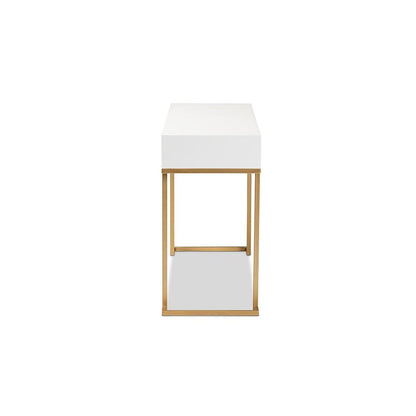 White Finished Wood and Gold Metal 2-Drawer Console Table