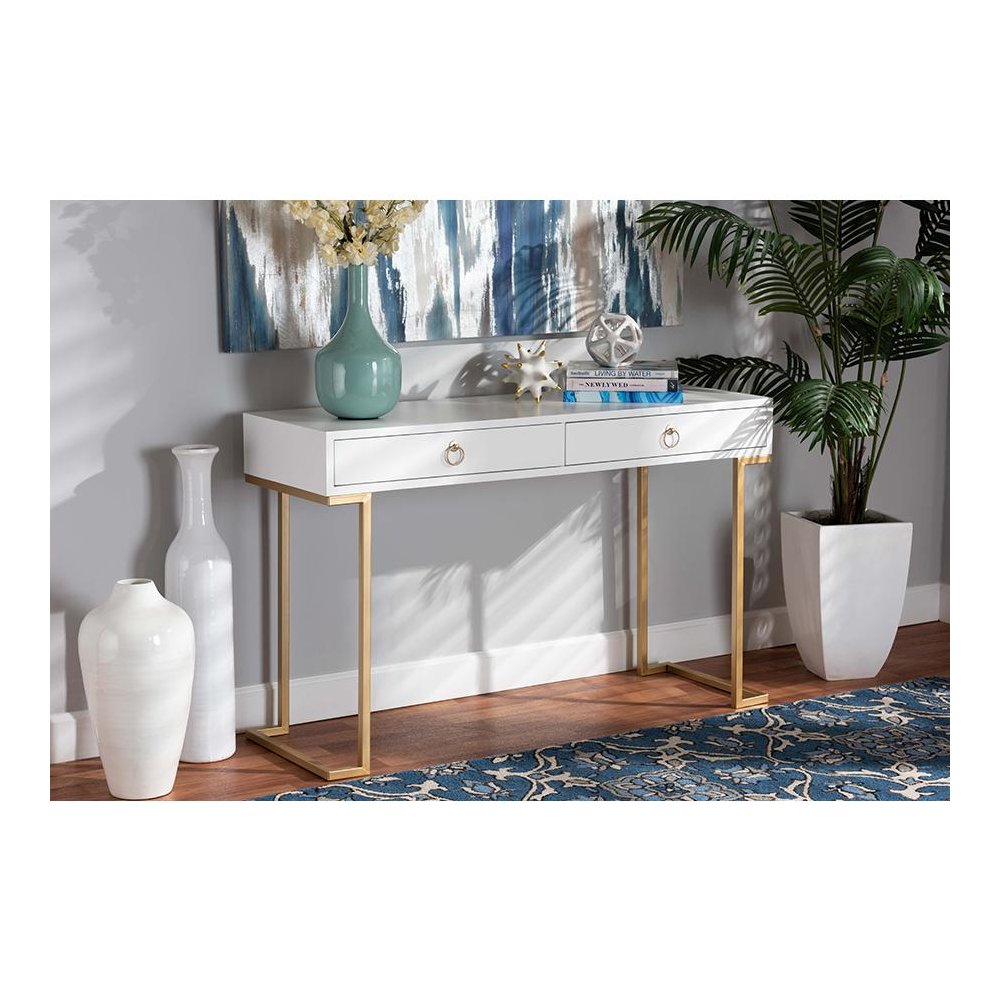 White Finished Wood and Gold Metal 2-Drawer Console Table