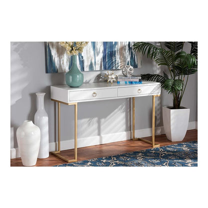 White Finished Wood and Gold Metal 2-Drawer Console Table
