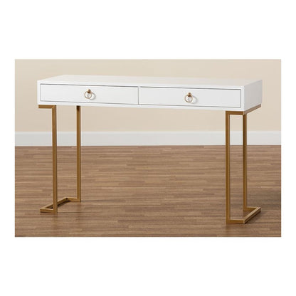 White Finished Wood and Gold Metal 2-Drawer Console Table