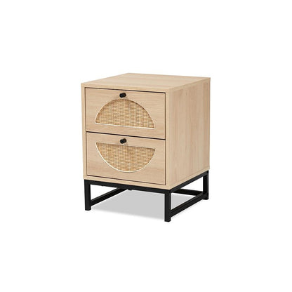 Black Metal 2-Drawer End Table with Natural Rattan