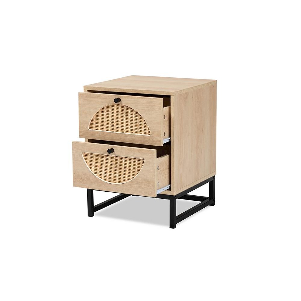 Black Metal 2-Drawer End Table with Natural Rattan