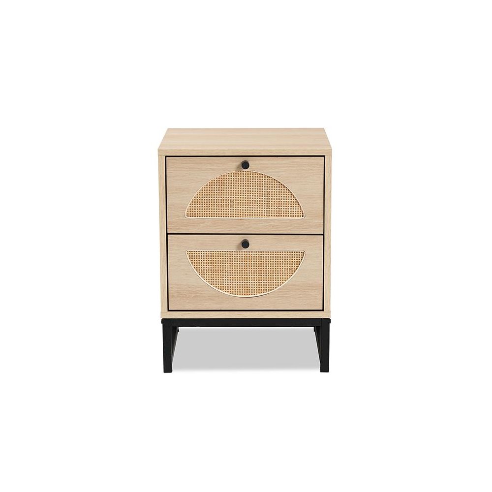 Black Metal 2-Drawer End Table with Natural Rattan