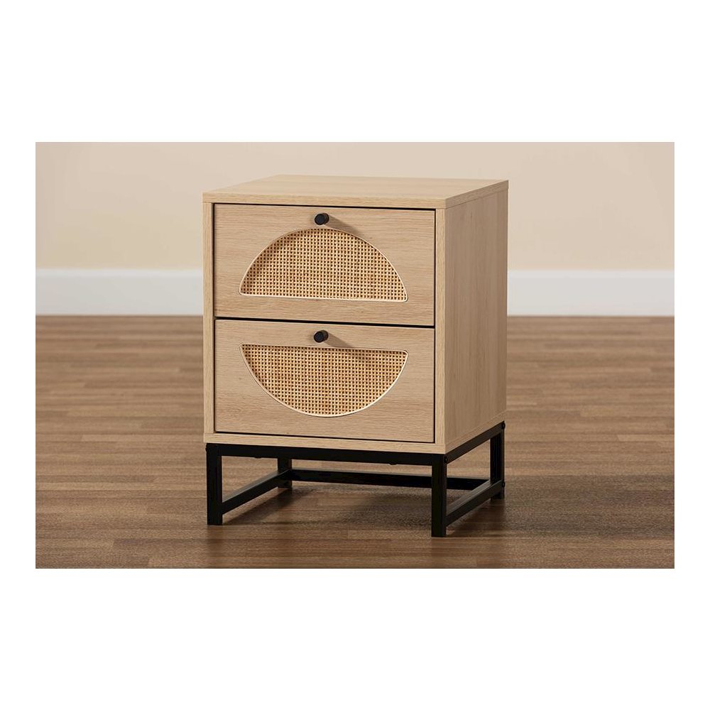 Black Metal 2-Drawer End Table with Natural Rattan