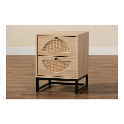 Black Metal 2-Drawer End Table with Natural Rattan