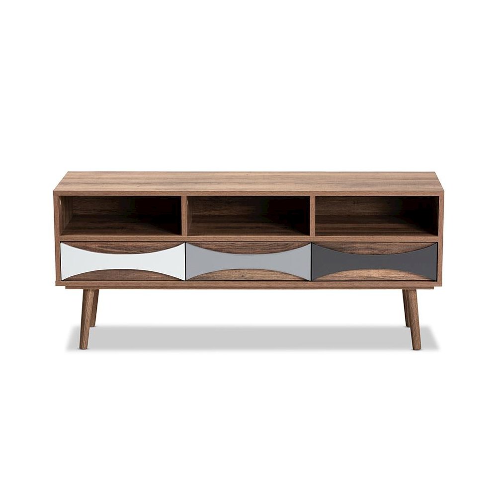 Natural Brown Finished and Multi-Colored Wood 3-Drawer TV Stand