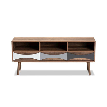 Natural Brown Finished and Multi-Colored Wood 3-Drawer TV Stand