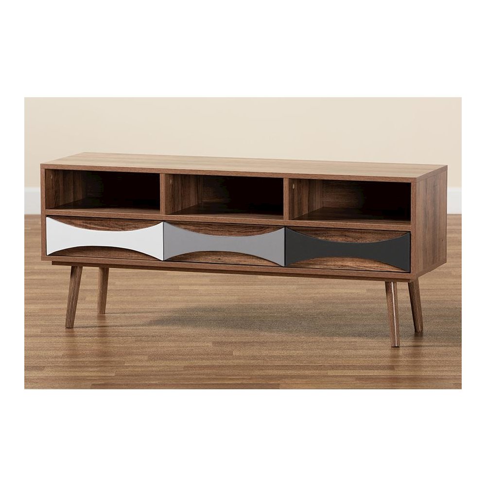 Natural Brown Finished and Multi-Colored Wood 3-Drawer TV Stand