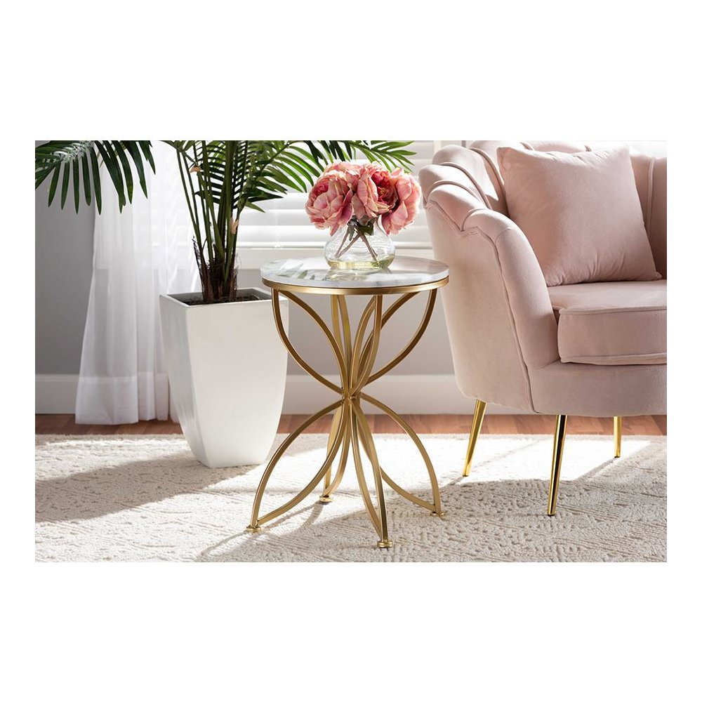 Gold Finished Metal End Table with Marble Tabletop