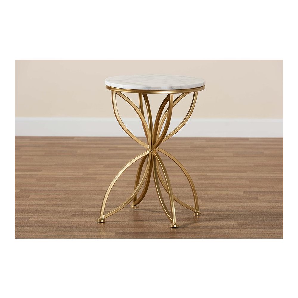 Gold Finished Metal End Table with Marble Tabletop