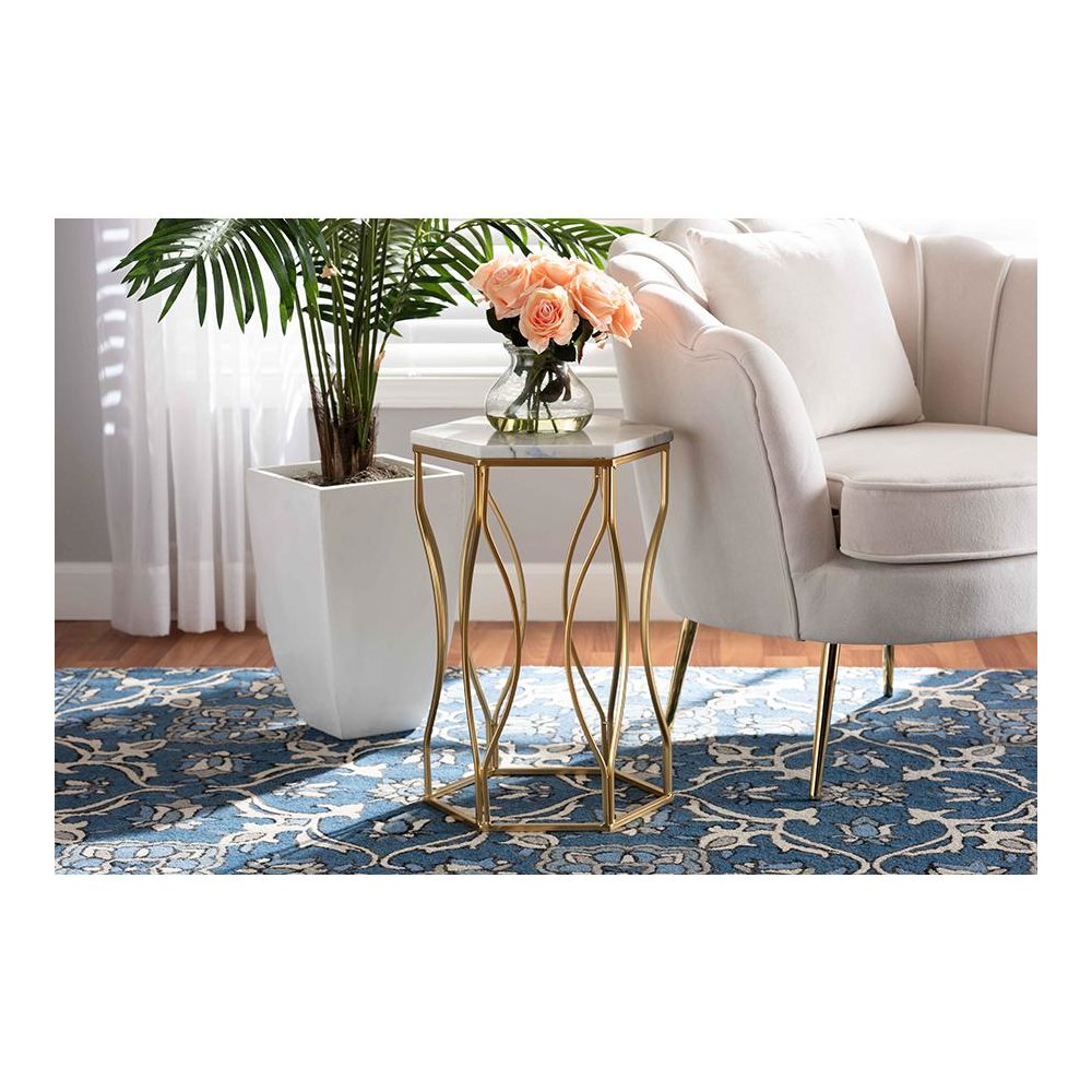 Kalena Modern and Contemporary Gold Metal End Table with Marble Tabletop