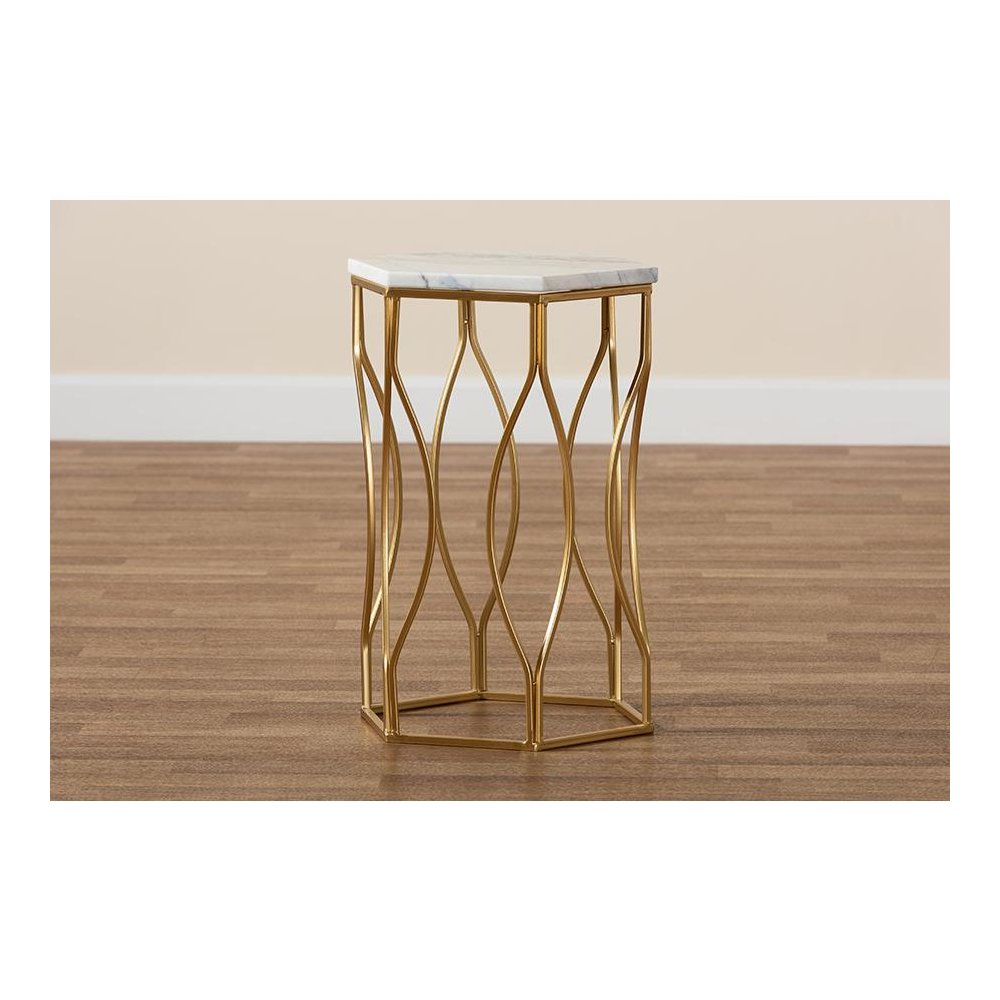 Kalena Modern and Contemporary Gold Metal End Table with Marble Tabletop