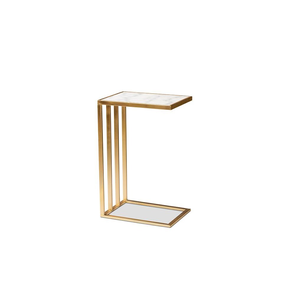 Gold Finished Metal C Shaped End Table with Marble Tabletop