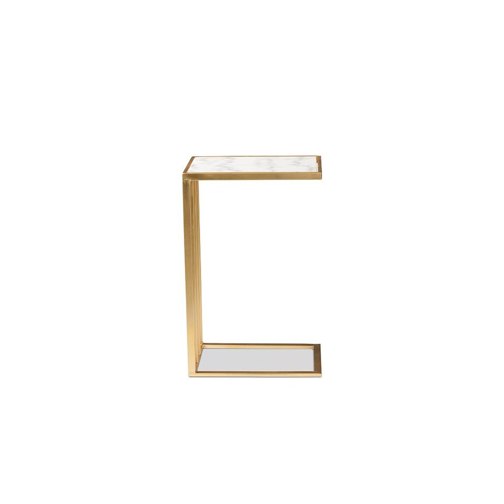 Gold Finished Metal C Shaped End Table with Marble Tabletop