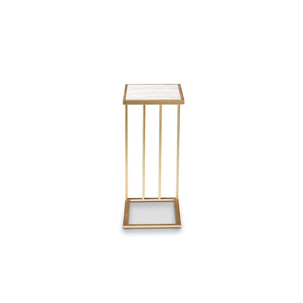 Gold Finished Metal C Shaped End Table with Marble Tabletop