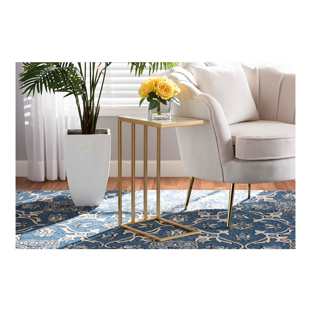 Gold Finished Metal C Shaped End Table with Marble Tabletop