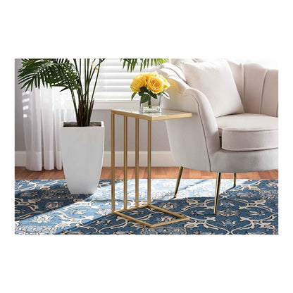 Gold Finished Metal C Shaped End Table with Marble Tabletop