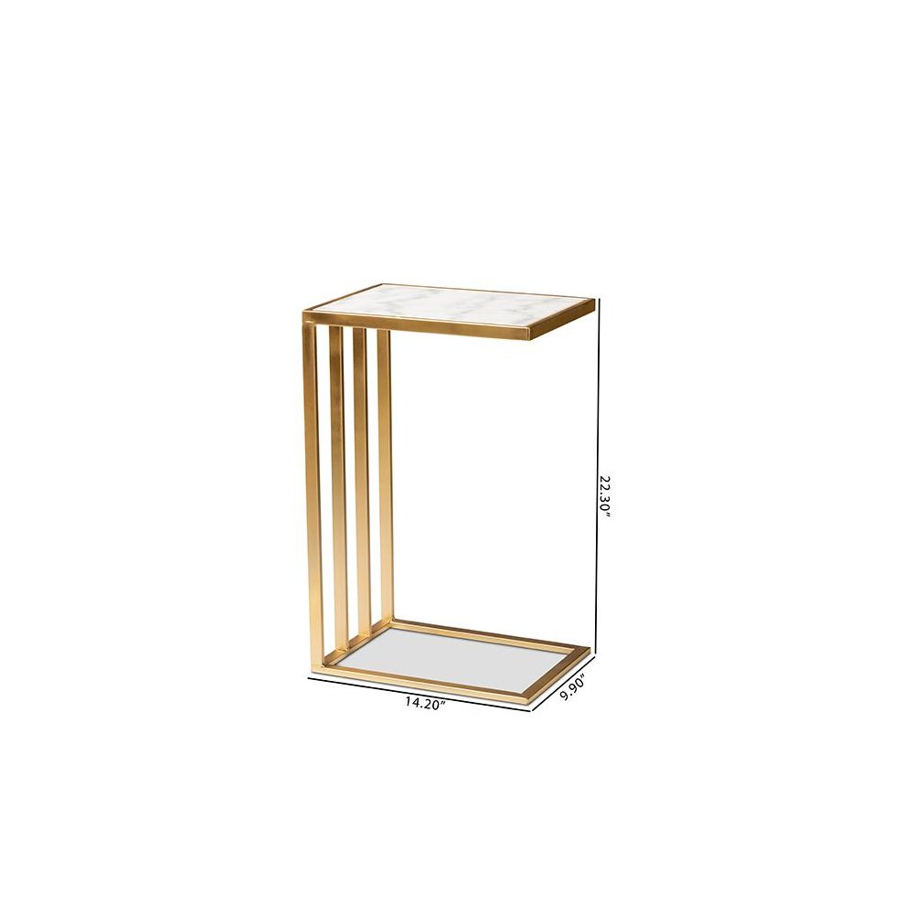 Gold Finished Metal C Shaped End Table with Marble Tabletop
