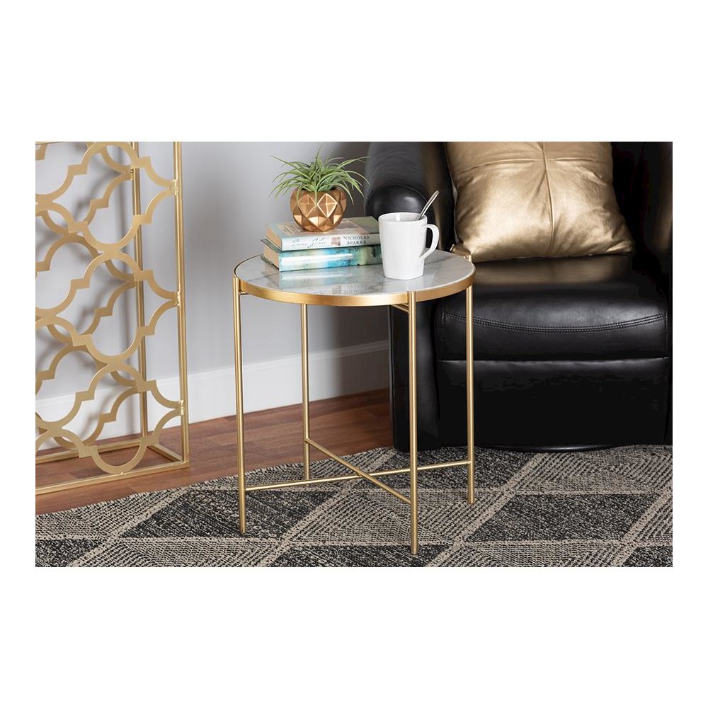 Gold Finished Metal End Table with Marble Tabletop