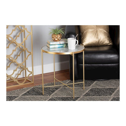 Gold Finished Metal End Table with Marble Tabletop