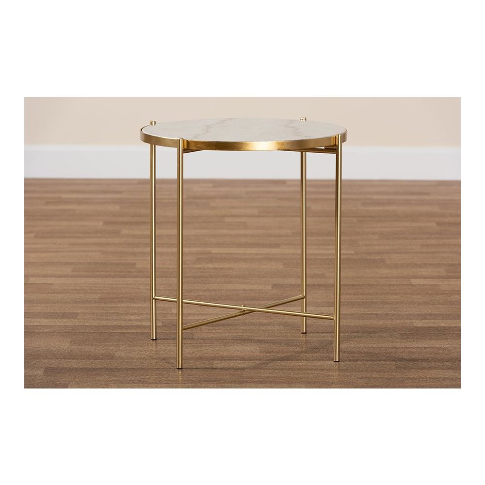 Gold Finished Metal End Table with Marble Tabletop