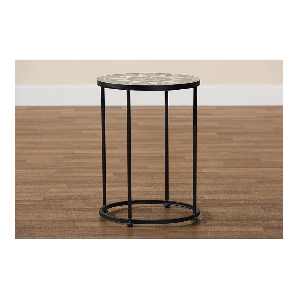 Multi-Colored Glass and Black Metal Outdoor Side Table