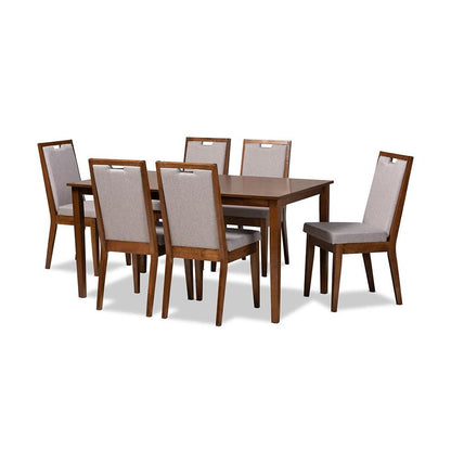Grey Fabric Upholstered and Walnut Brown Finished Wood 7-Piece Dining Set