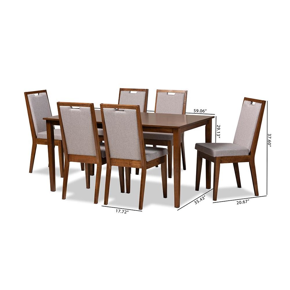 Grey Fabric Upholstered and Walnut Brown Finished Wood 7-Piece Dining Set