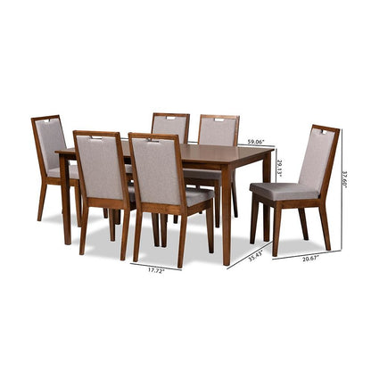 Grey Fabric Upholstered and Walnut Brown Finished Wood 7-Piece Dining Set