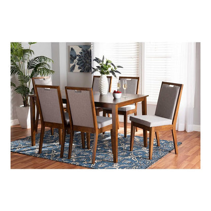 Grey Fabric Upholstered and Walnut Brown Finished Wood 7-Piece Dining Set
