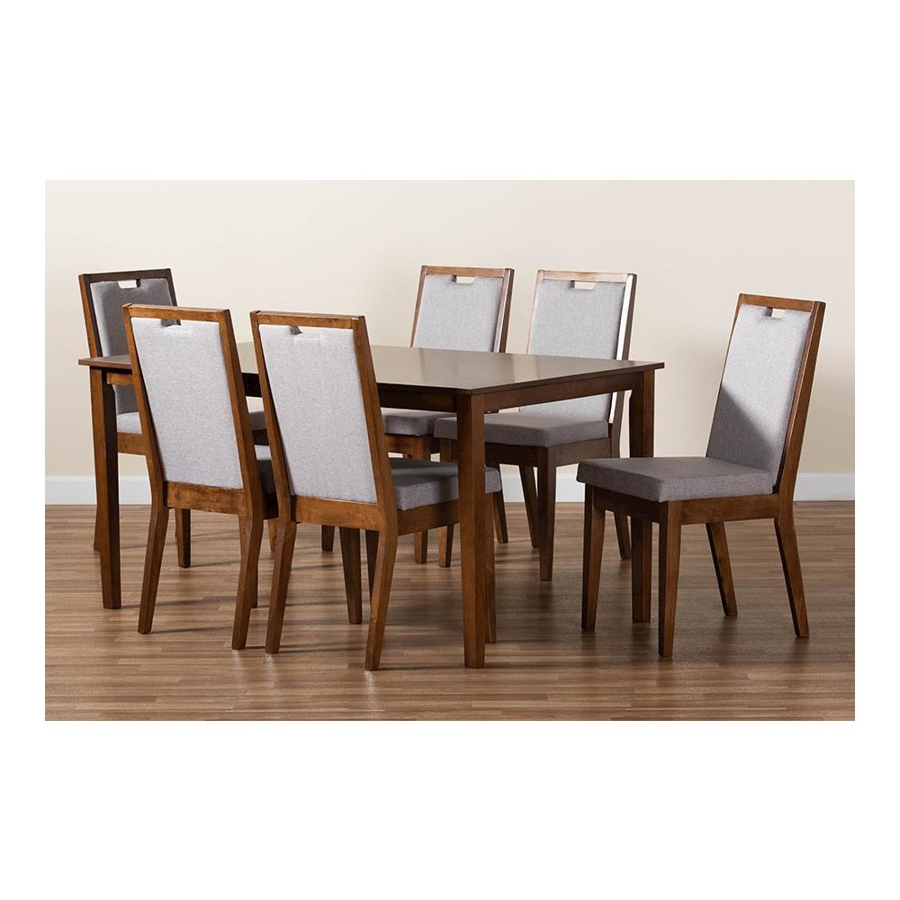 Grey Fabric Upholstered and Walnut Brown Finished Wood 7-Piece Dining Set
